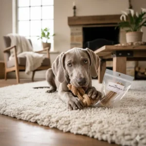 Weimaraner puppy met kluif