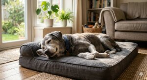 Grijze senior hond rustend op een orthopedisch hondenkussen in een zonnige kamer voor optimaal comfort.