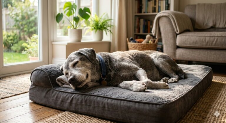Grijze senior hond rustend op een orthopedisch hondenkussen in een zonnige kamer voor optimaal comfort.