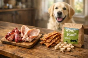 Hond met snacks op keukentafel en logo woefhoefshop.nl